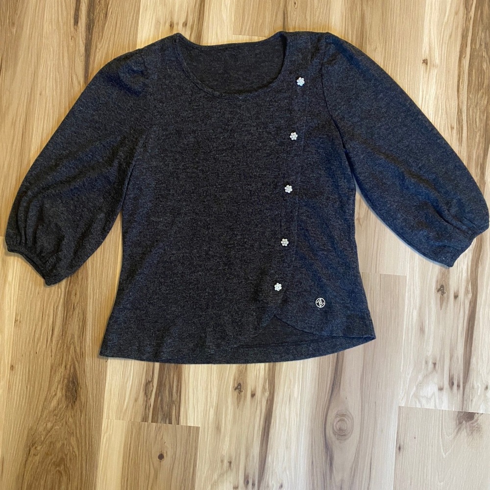 Adrienne Vittadini Charcoal Grey Puff Sleeve Rhinestone Button Knit Top Small